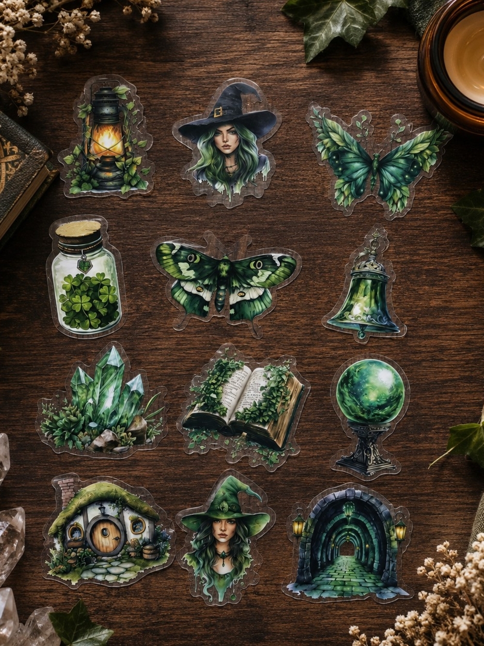 3/$15 Bundle of 12 Mystical Green Witchy Stickers New